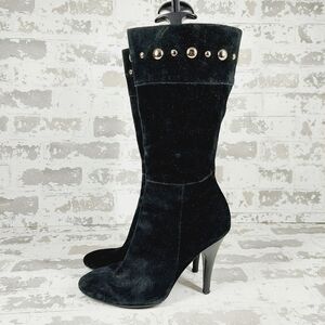 Guess Black Leather Side Zip Suede Heels Mid-Calf Boots F914